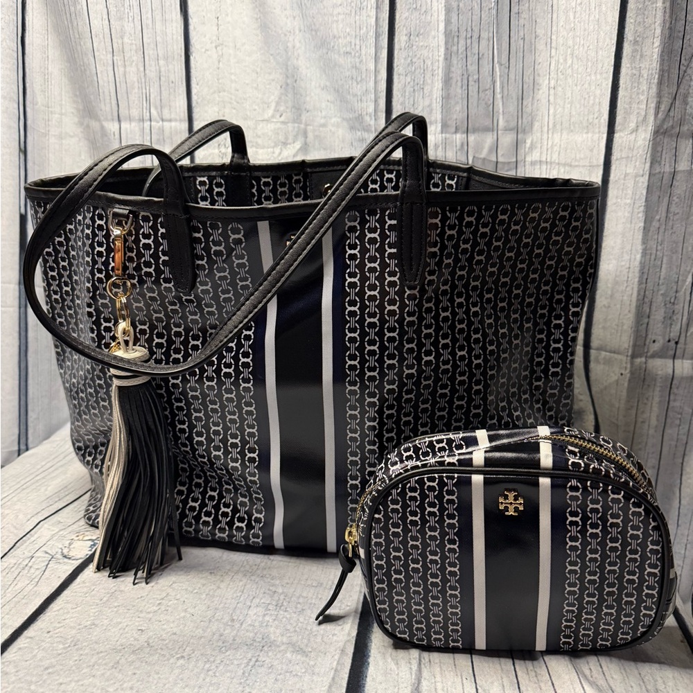 Tory Burch Black and White Tote Set with Monogram Pattern